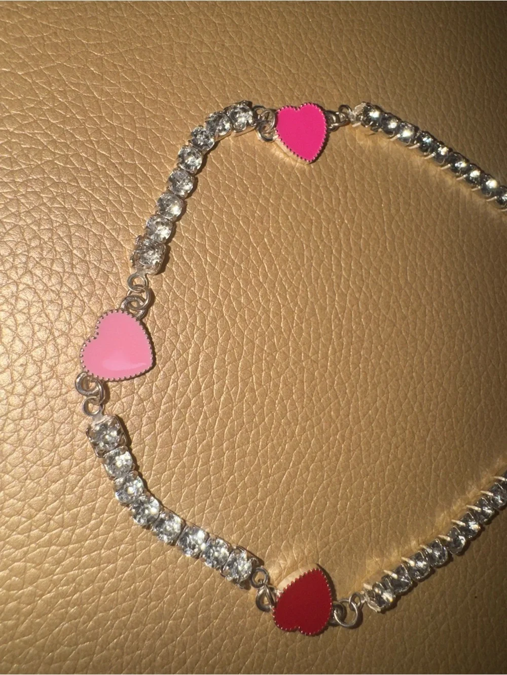 Silver tone Crystal Necklace with Pink and Red Heart Charms-Kids